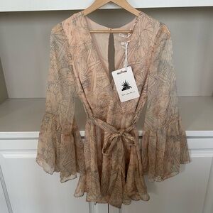 Sheer Floral Wrap Romper in Peach and Taupe